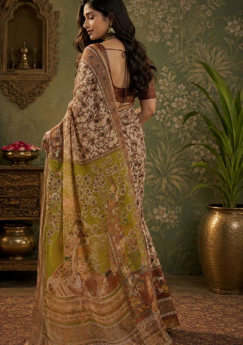 Cream Linen Saree Set with Printed for Diwali | Wedding & Festive Wear - Indya