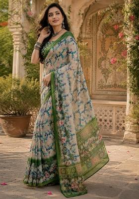 White Printed Linen Saree Set