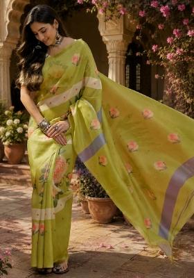 Parrot Green Printed Linen Saree Set