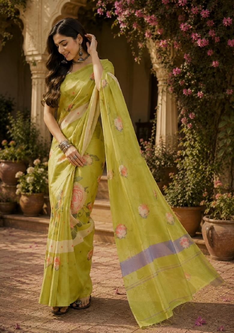Parrot Green Printed Linen Saree Set - Indya