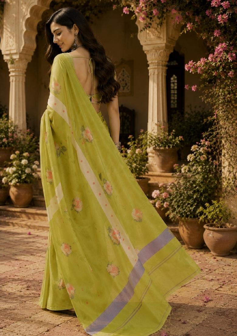 Parrot Green Printed Linen Saree Set - Indya