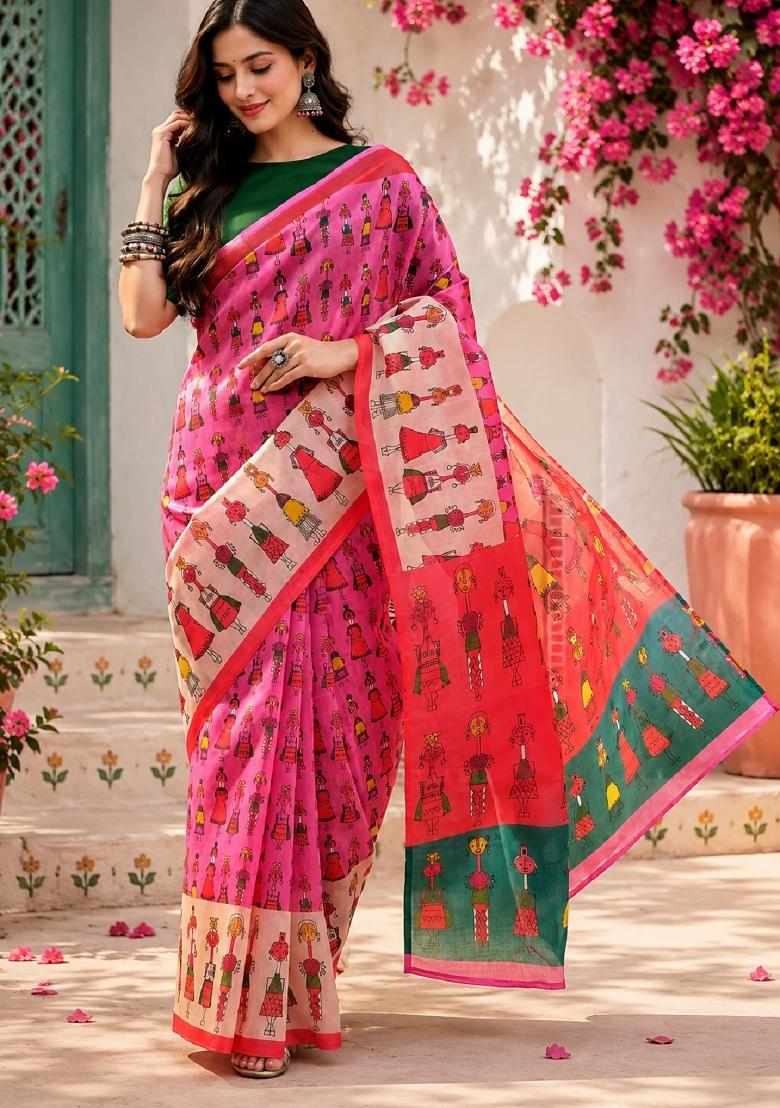 Pink Printed Linen Saree Set - Indya