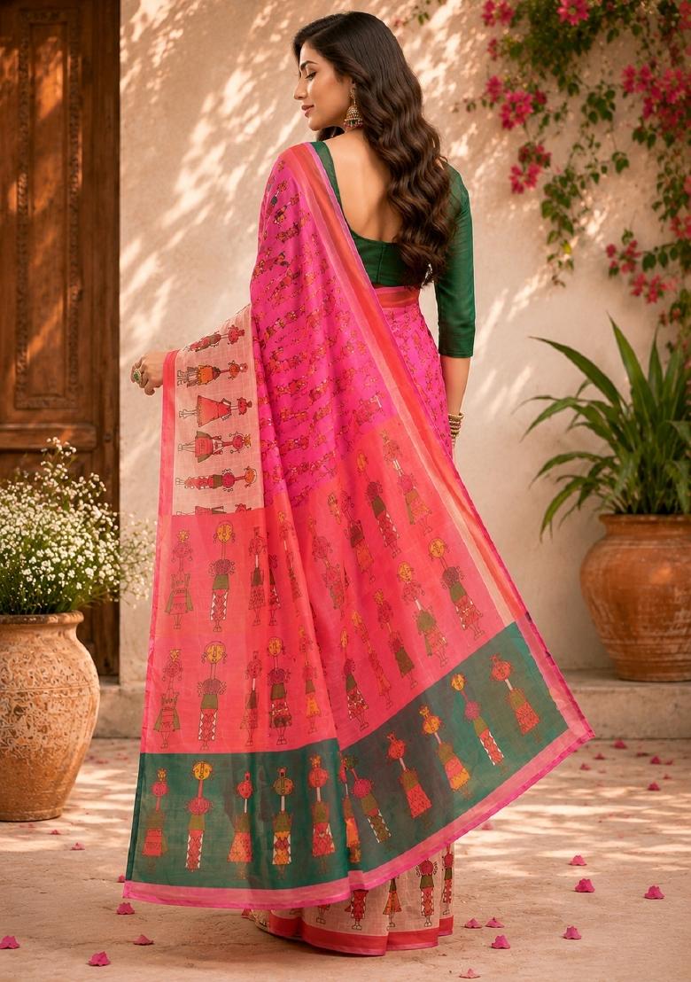 Pink Printed Linen Saree Set - Indya