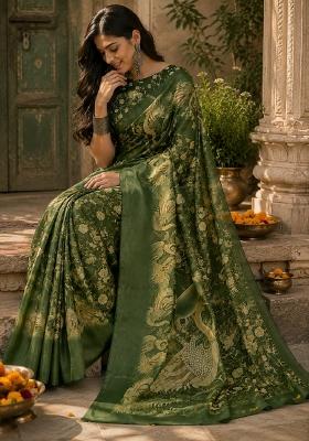 Green Printed Linen Saree Set