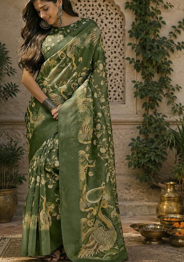 Green Printed Linen Saree Set - Indya