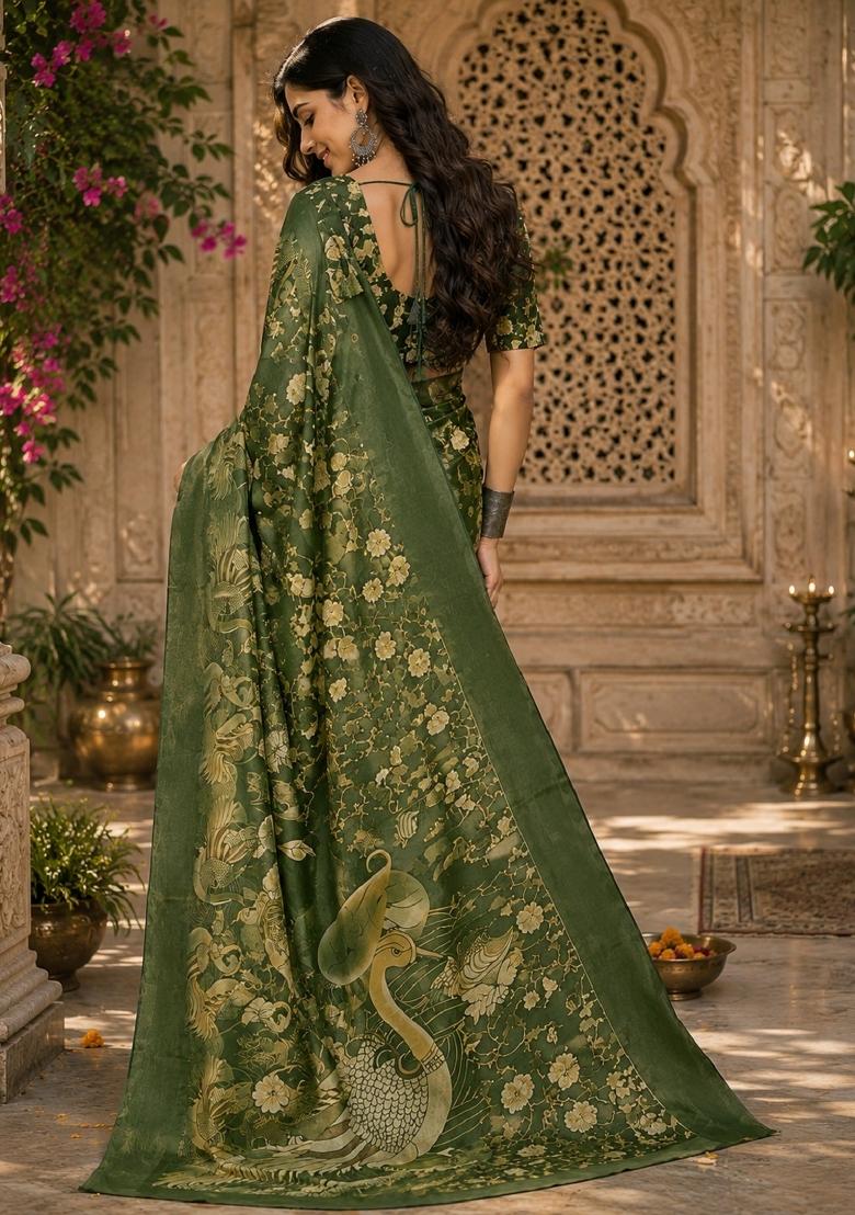 Green Printed Linen Saree Set - Indya