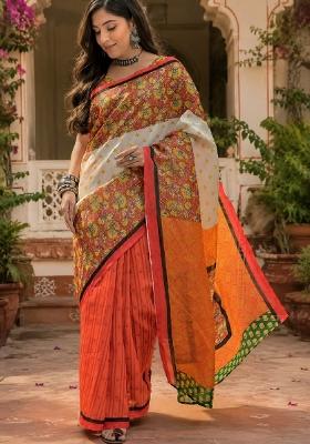 White Printed Linen Saree Set