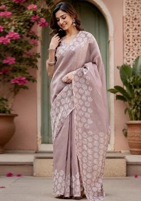 Light Onion Pink Printed Linen Saree Set