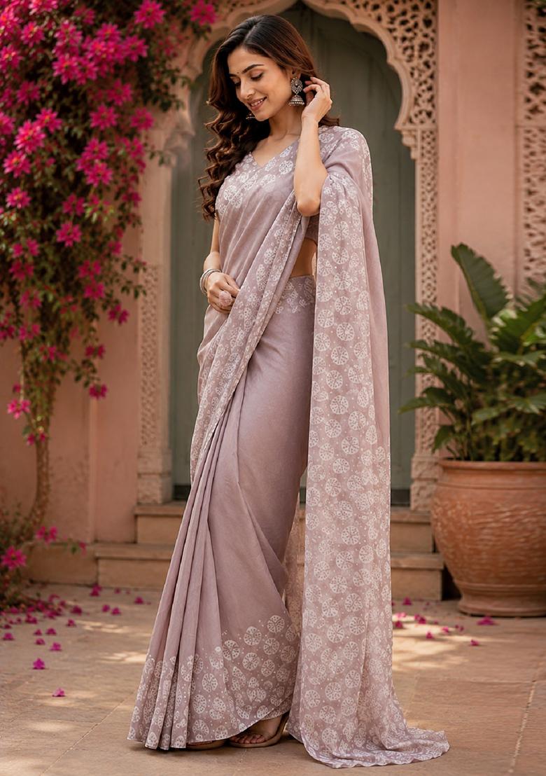 Light Onion Pink Printed Linen Saree Set - Indya
