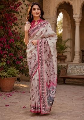 White Printed Linen Saree Set