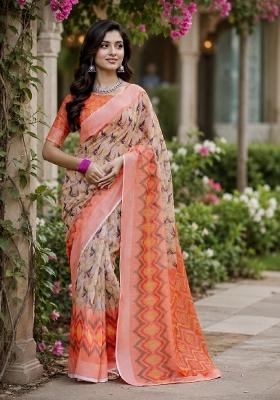Off White Printed Linen Saree Set