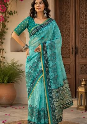 Sky Blue Printed Linen Saree Set