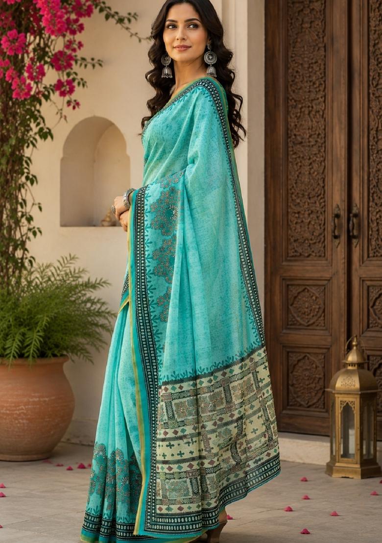 Sky Blue Printed Linen Saree Set - Indya