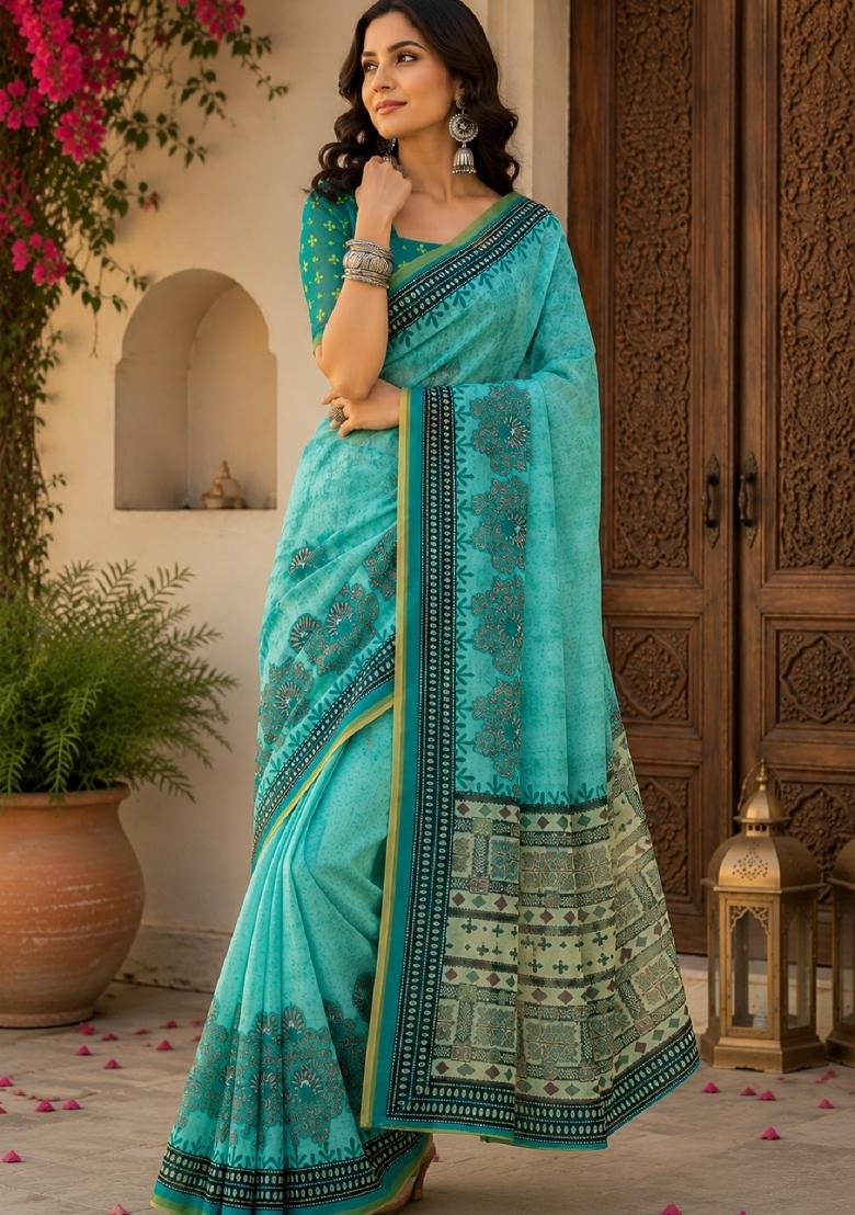Sky Blue Printed Linen Saree Set - Indya