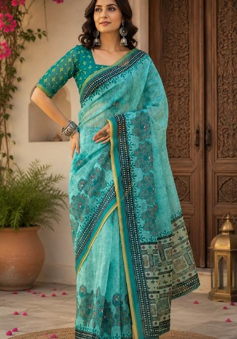 Sky Blue Printed Linen Saree Set
