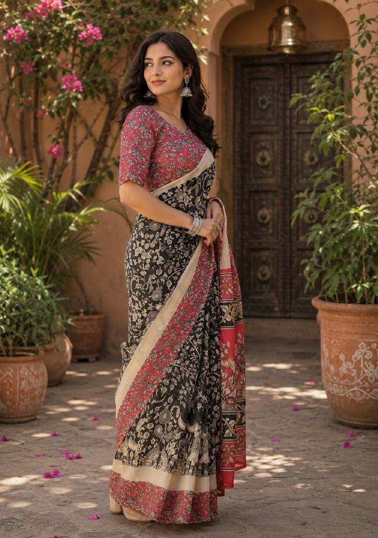 Black Printed Linen Saree Set - Indya