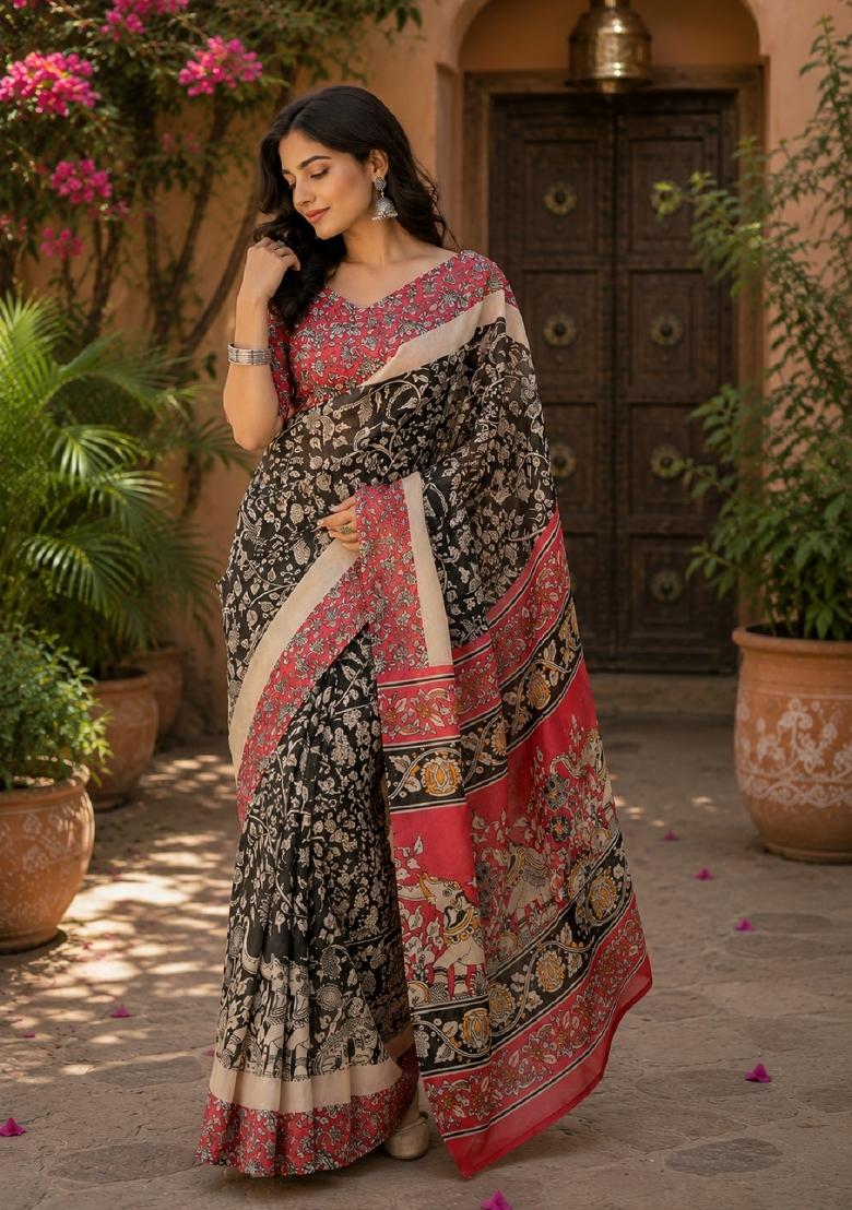 Black Printed Linen Saree Set - Indya