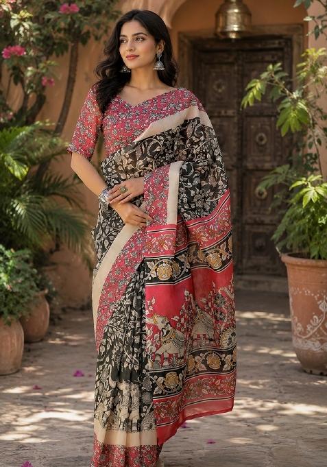 Black Printed Linen Saree Set