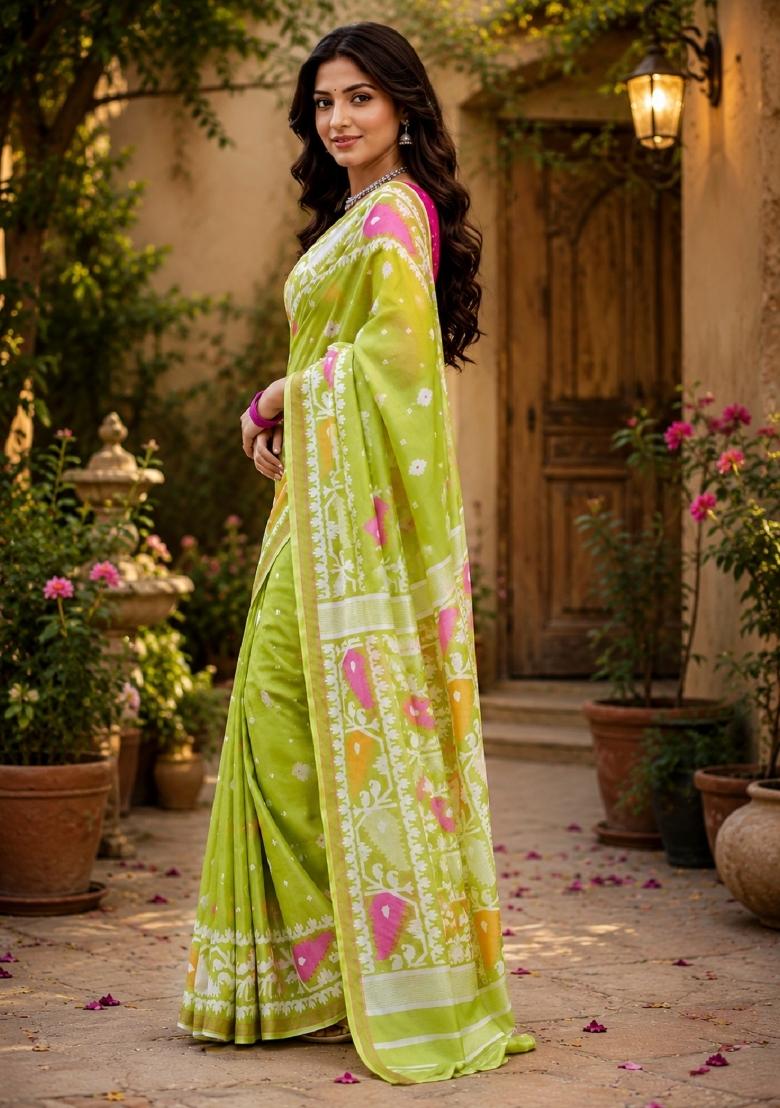 Parrot Green Printed Linen Saree Set - Indya