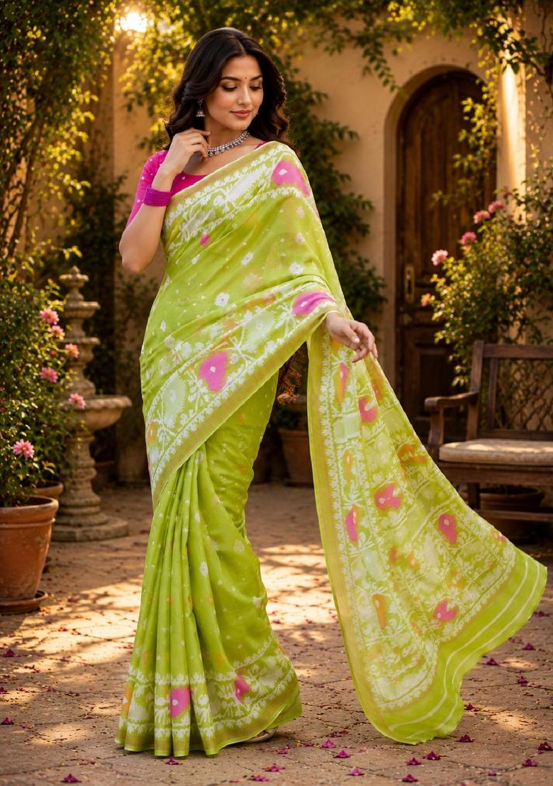 Parrot Green Printed Linen Saree Set - Indya