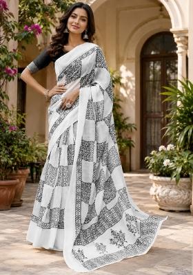 White Printed Linen Saree Set