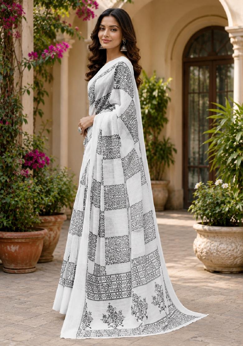 White Printed Linen Saree Set - Indya