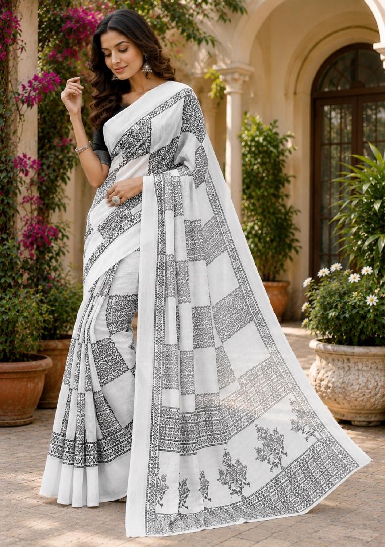 White Printed Linen Saree Set - Indya