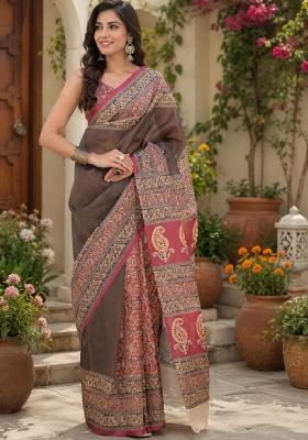 Dark Grey Printed Linen Saree Set