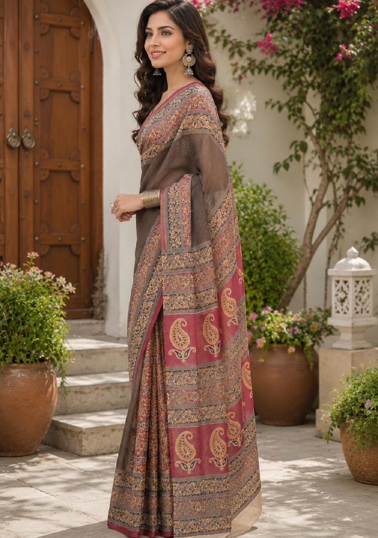 Dark Grey Printed Linen Saree Set - Indya