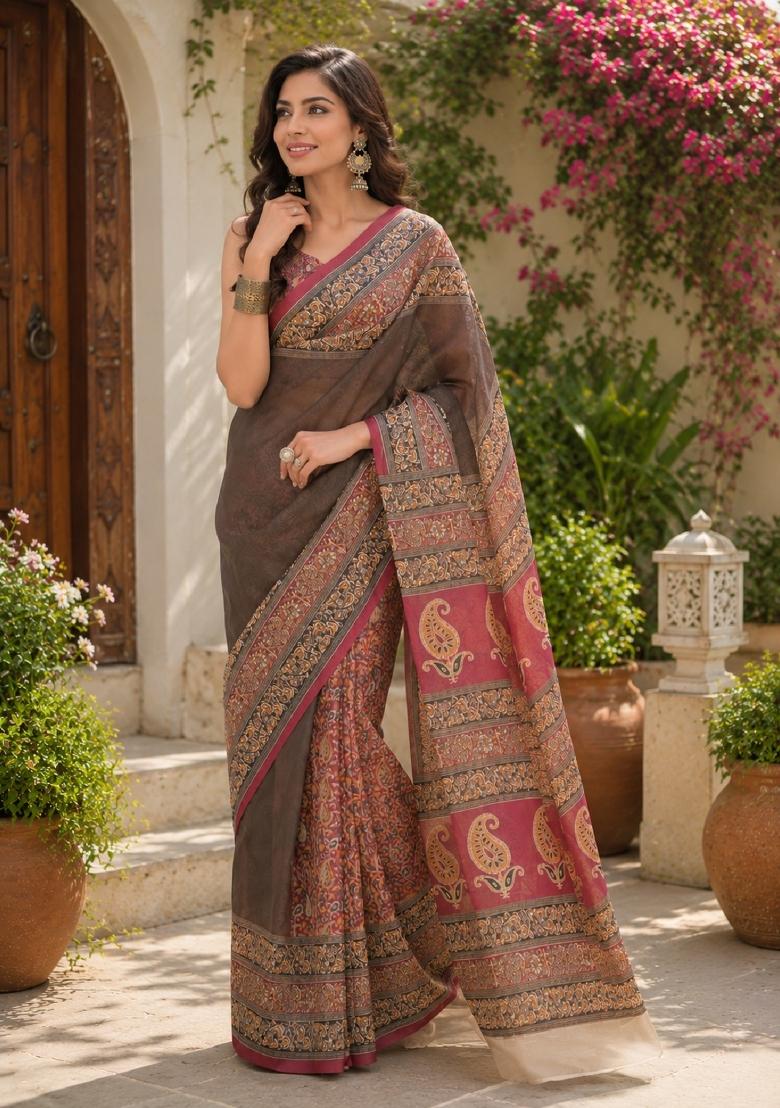 Dark Grey Printed Linen Saree Set - Indya