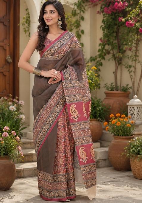 Dark Grey Printed Linen Saree Set