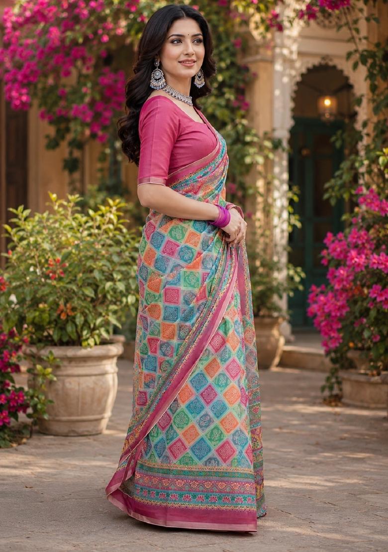 Multicolor Printed Linen Saree Set - Indya