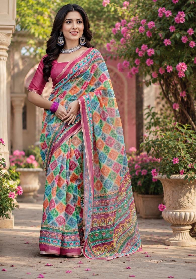 Multicolor Printed Linen Saree Set - Indya