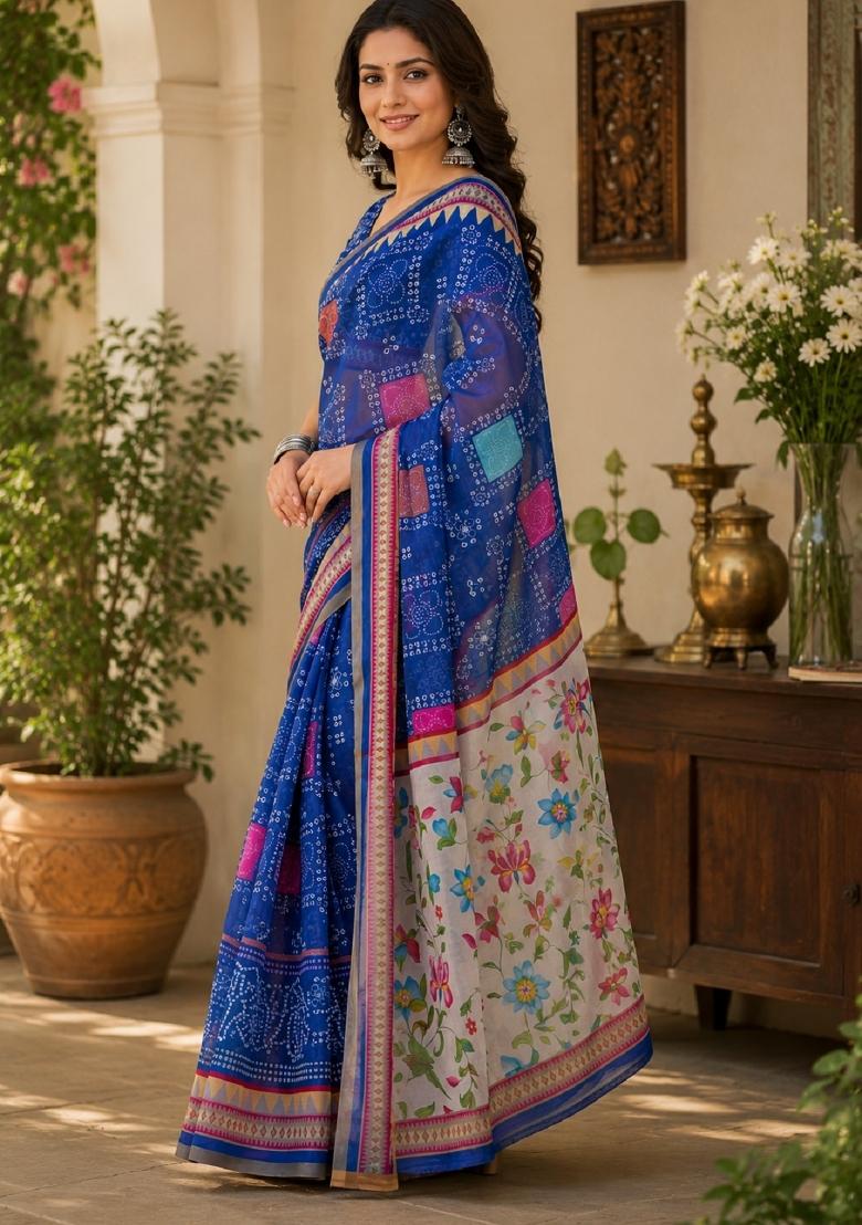 Royal Blue Printed Linen Saree Set - Indya
