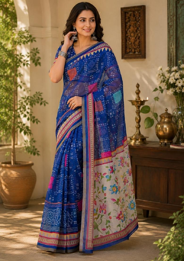 Royal Blue Printed Linen Saree Set - Indya