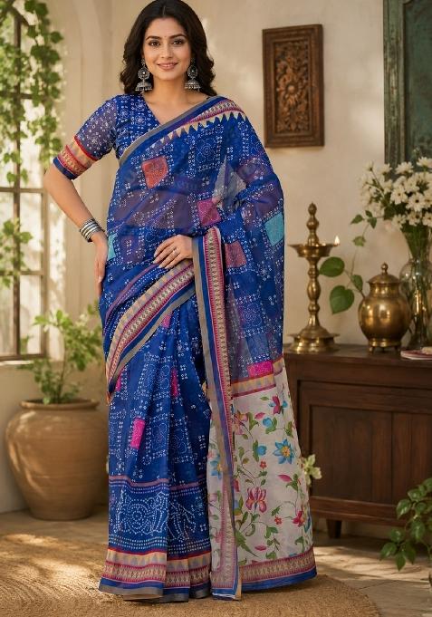 Royal Blue Printed Linen Saree Set