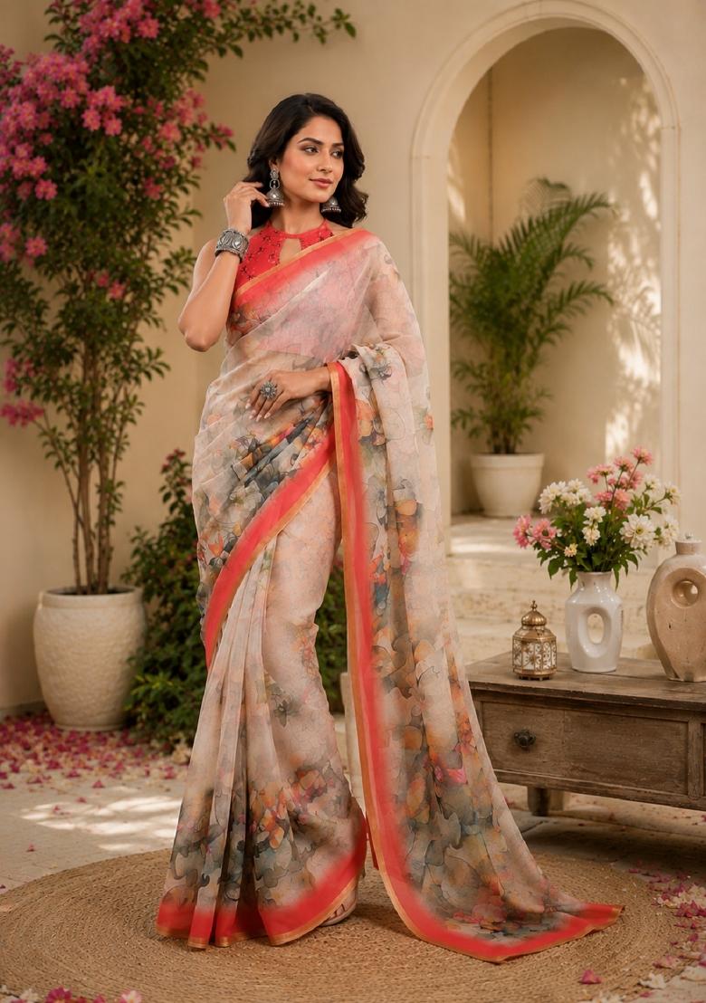 White Printed Linen Saree Set - Indya
