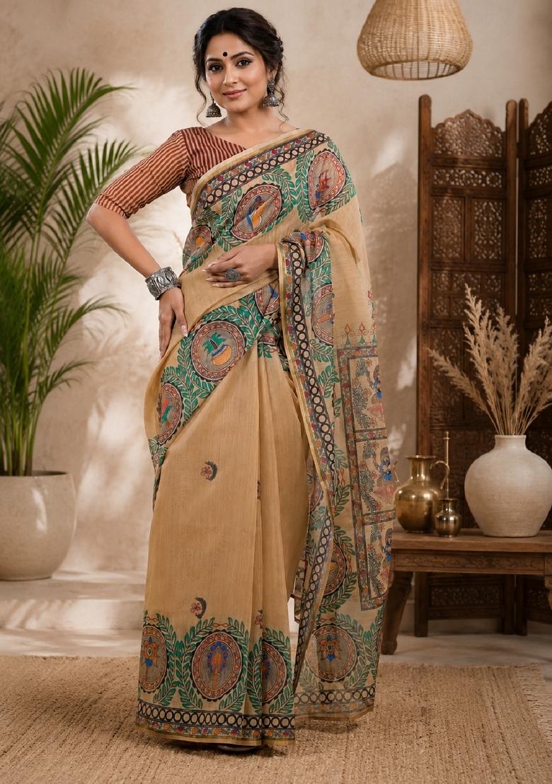 Cream Printed Linen Saree Set - Indya