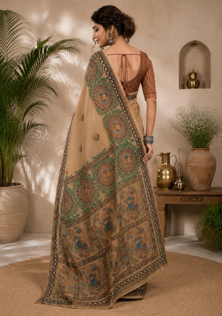 Cream Printed Linen Saree Set - Indya