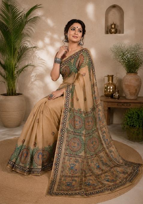 Cream Printed Linen Saree Set