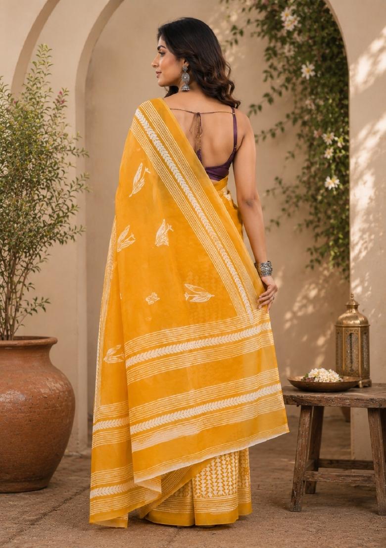 Yellow Printed Linen Saree Set - Indya