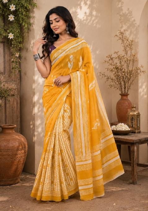 Yellow Printed Linen Saree Set