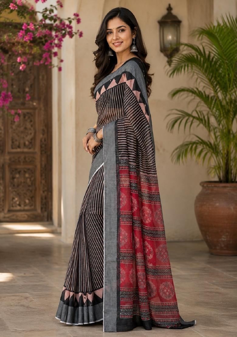Black Printed Linen Saree Set - Indya