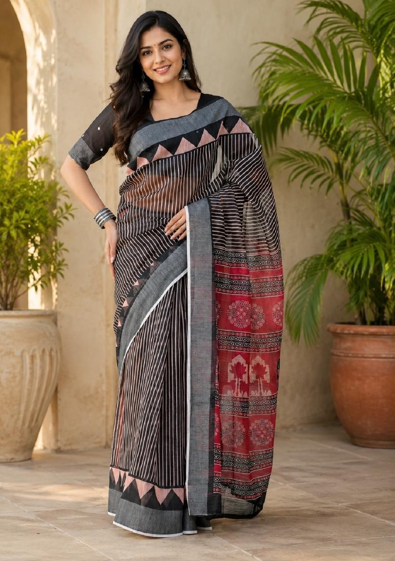 Black Printed Linen Saree Set - Indya