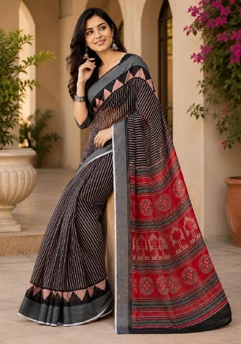 Black Printed Linen Saree Set