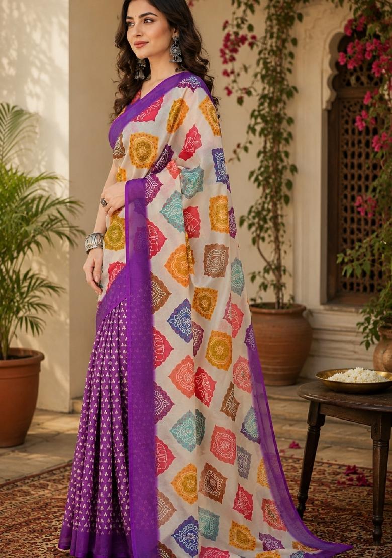 Multicolor Printed Linen Saree Set - Indya