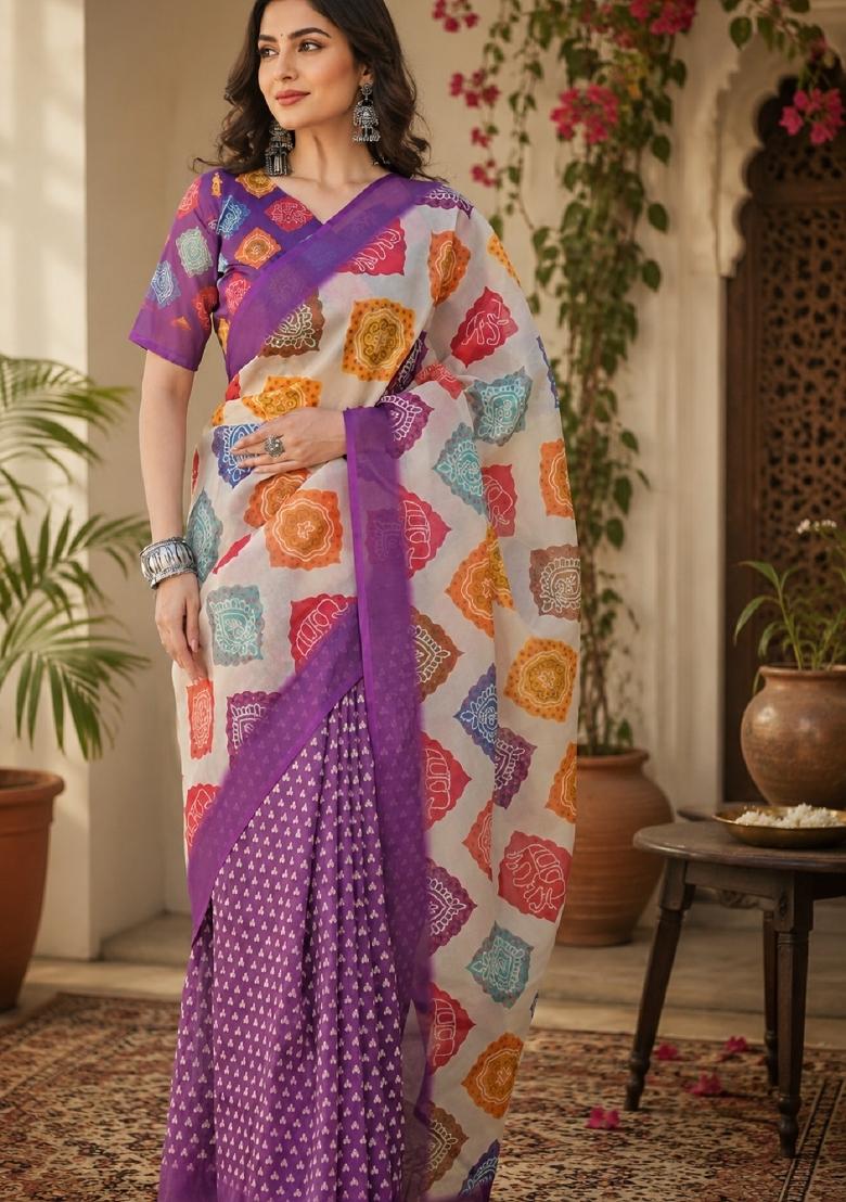 Multicolor Printed Linen Saree Set - Indya