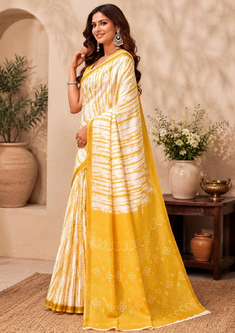 White Printed Linen Saree Set - Indya
