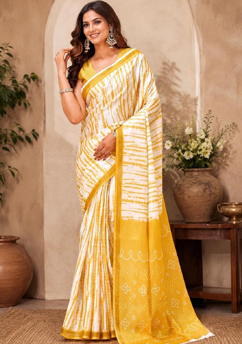 White Printed Linen Saree Set - Indya