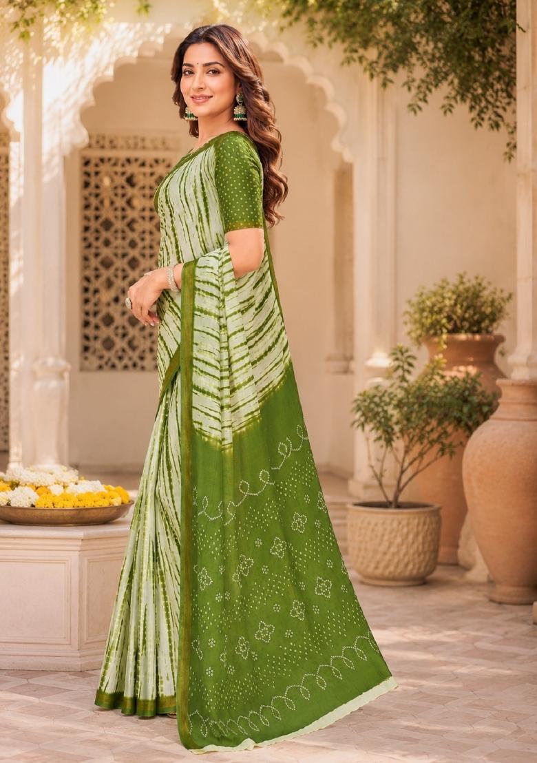 White Printed Linen Saree Set - Indya